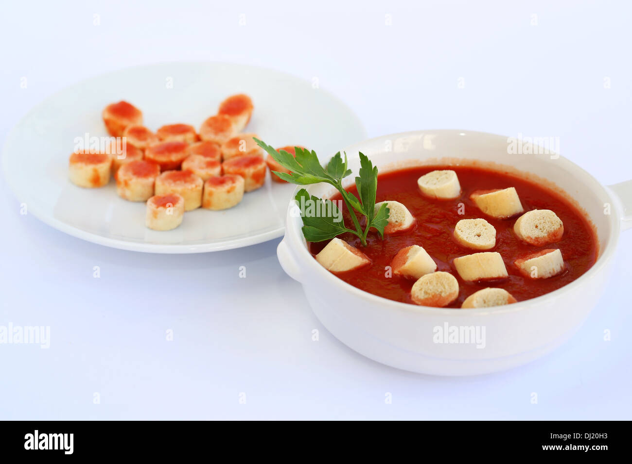 Crostoni al sugo e su sfondo grigio. Foto Stock
