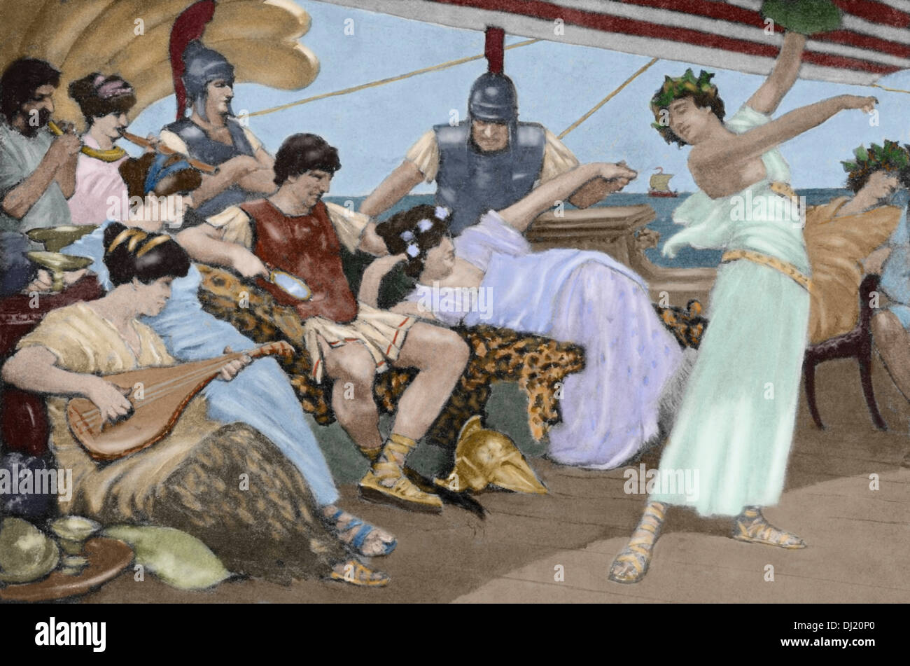Chares di Atene. Del IV secolo A.C. Generale ateniese. Incisione raffigurante il dissipato le abitudini di Chares. Colorati. Foto Stock