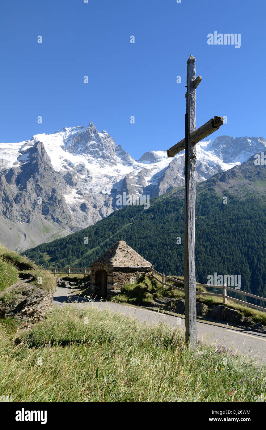 La Meije Peak & Ghiacciaio da Chazelet Oratoire o Oratorio di Parco Nazionale degli Ecrins De La Grave sulle Alpi francesi Francia Foto Stock