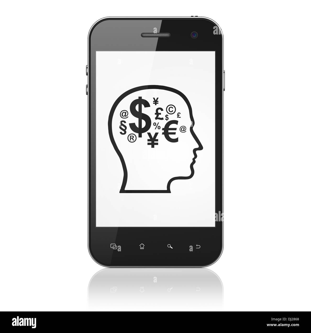 Concetto di commercializzazione: testa con il simbolo delle finanze sullo smartphone Foto Stock