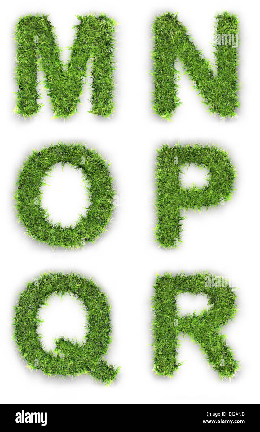 Lettere M,N,O,P,Q,R fatti di erba verde isolato su bianco Foto Stock