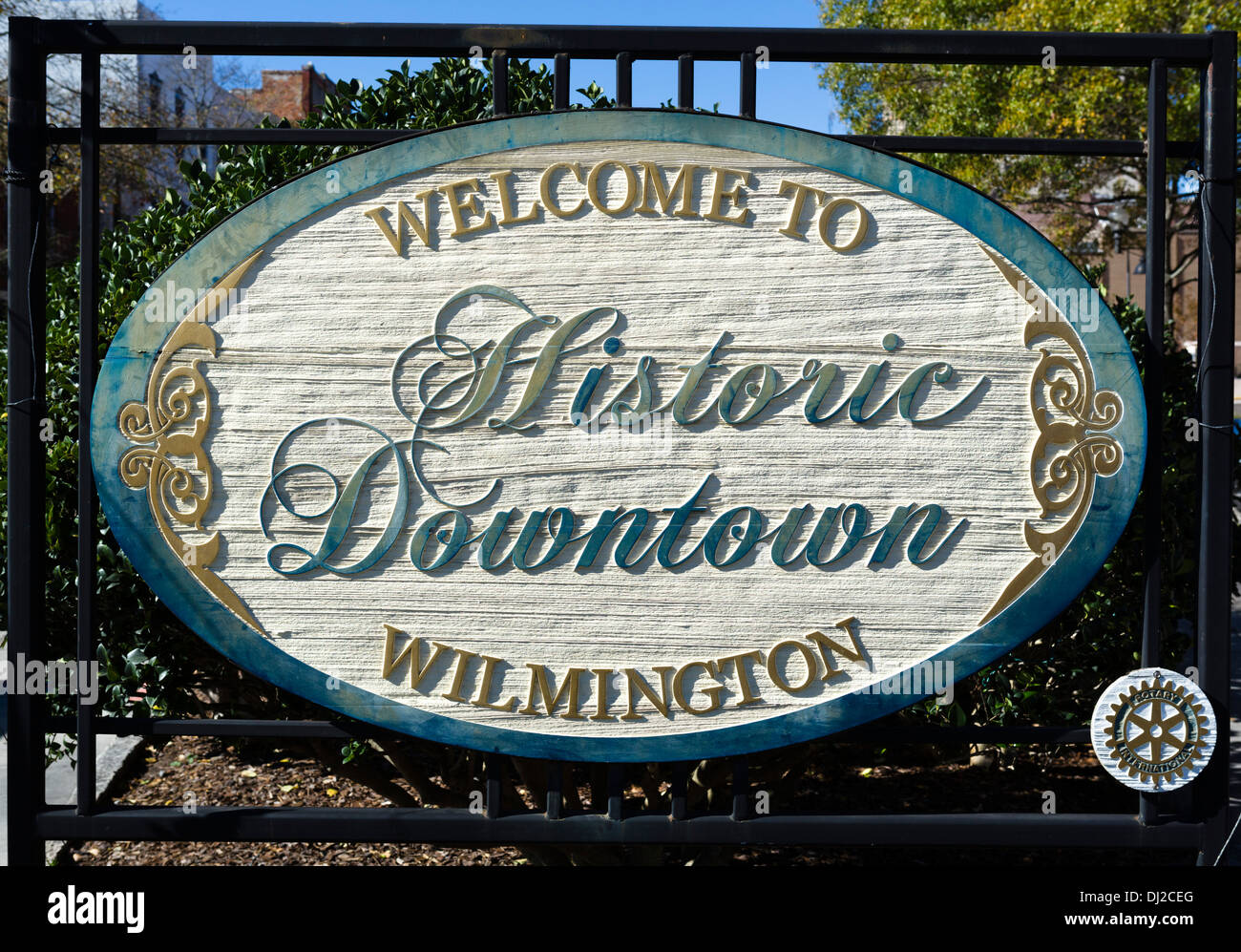 Benvenuti al centro storico di Wilmington, Market Street, Wilmington, Carolina del Nord, STATI UNITI D'AMERICA Foto Stock