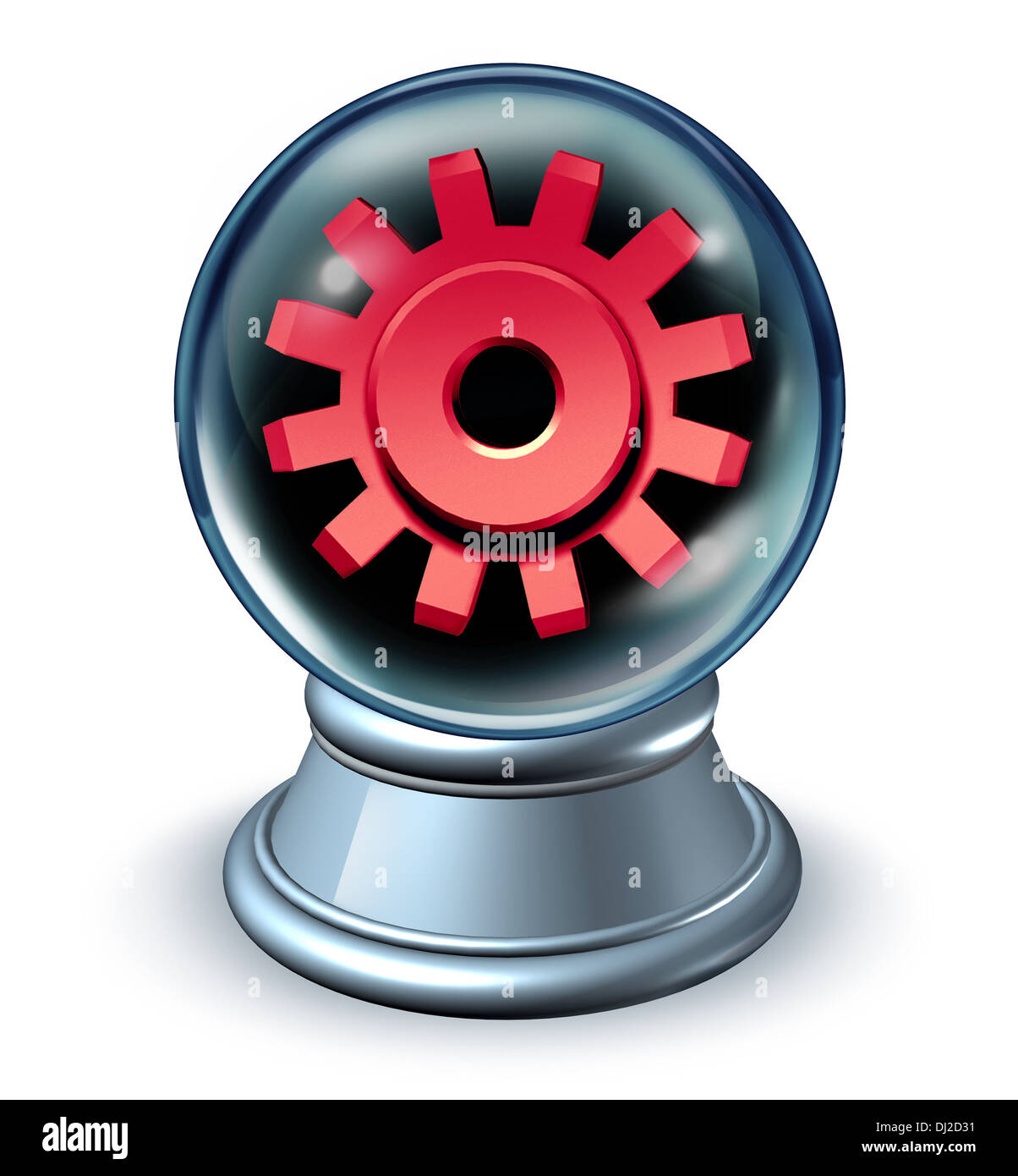 Business di stime e previsioni finanziarie concetto come una sfera di cristallo che rivelano il futuro dell'economia con una metafora visualize usando un rosso ruota dentata o ingranaggio come un simbolo di investimento insight su uno sfondo bianco. Foto Stock