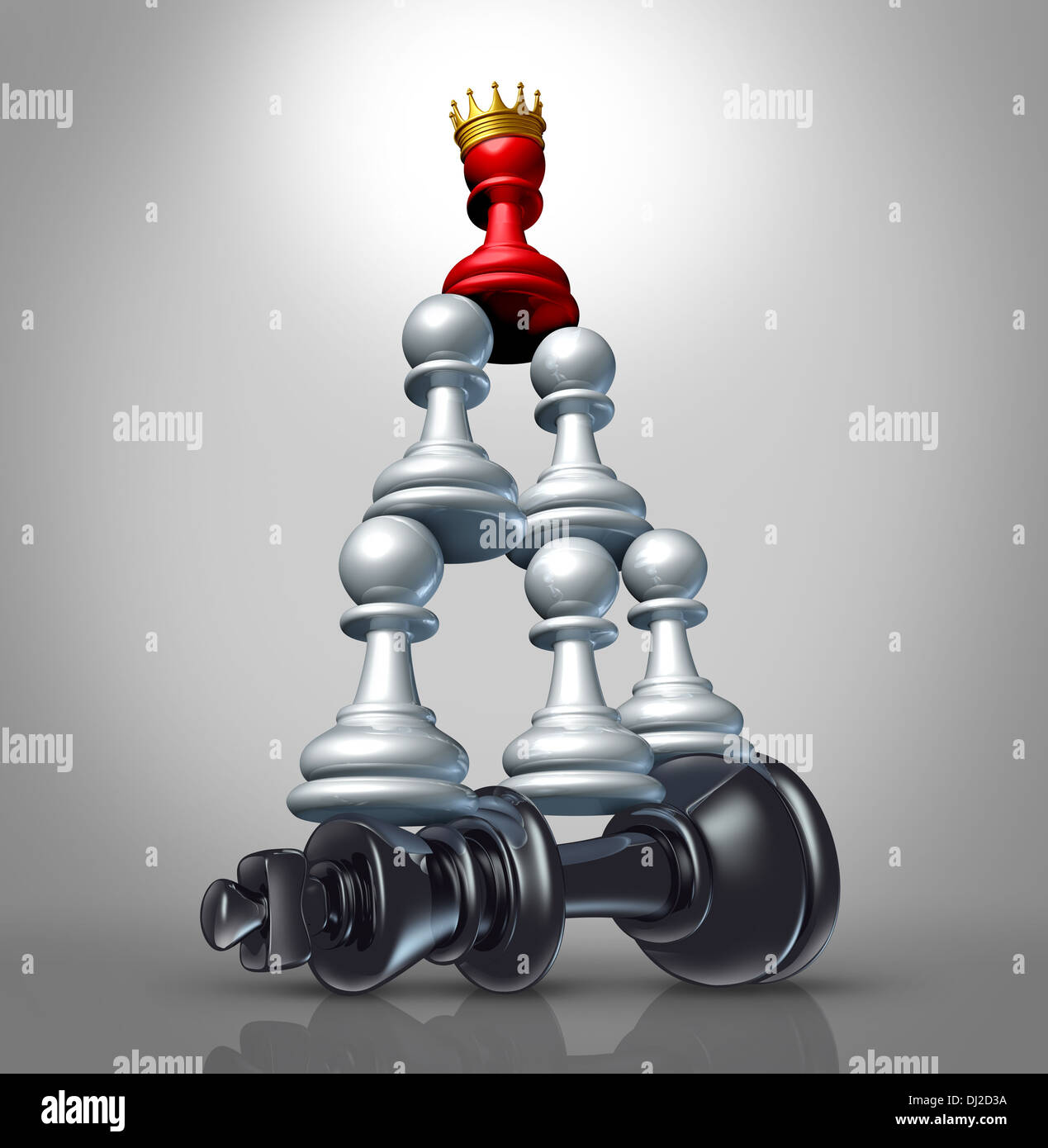 Strategia di collaborazione e di vittoria del team come un concetto di business con una partita a scacchi la metafora per cambiare la leadership di mercato teaming in su in partenariato e lavorare insieme a dominare una potente concorrente. Foto Stock