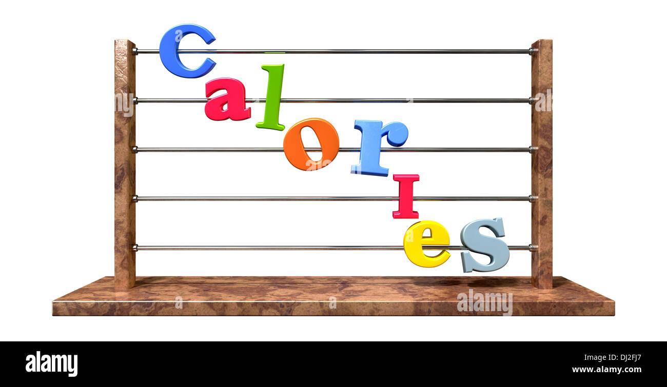 Un abaco con varie lettere colorate poste a precisare la parola calorie isolato su un fondo bianco Foto Stock