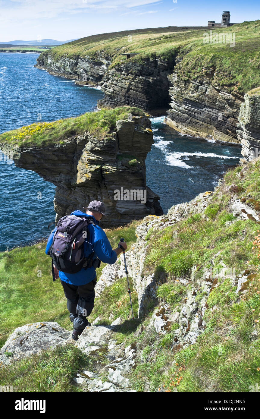 dh Stanger Head Cliff Path UK Flotta ISOLA ORKNEY SCOZIA Escursionista camminando verso le scogliere di pietra camminare sentiero persone escursionisti di mare costa uomo isole costiere Foto Stock