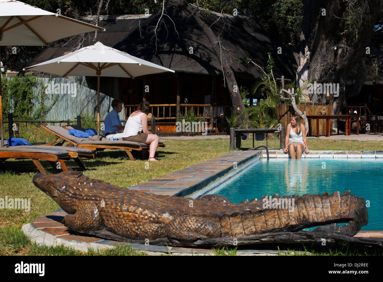 Estera Eagle Island Camp camp Orient Express , al di fuori della Moremi Game Reserve in Botswana. Situato nella zona centrale di Okavango Foto Stock