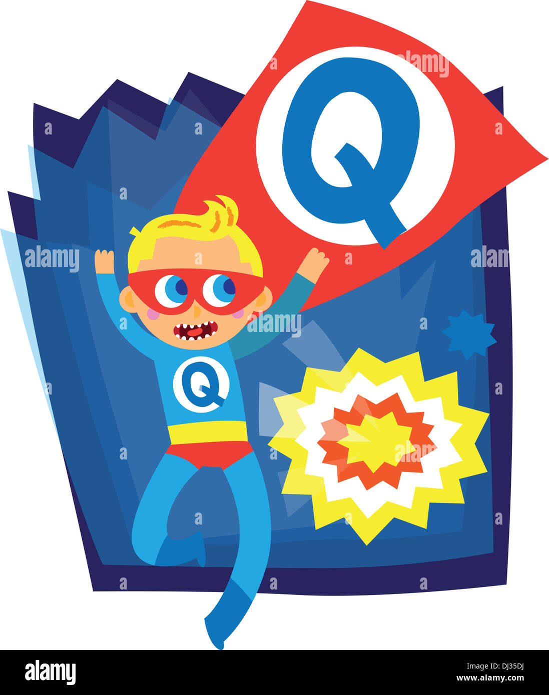Illustrazione del ragazzo in Q costume da supereroe Foto Stock