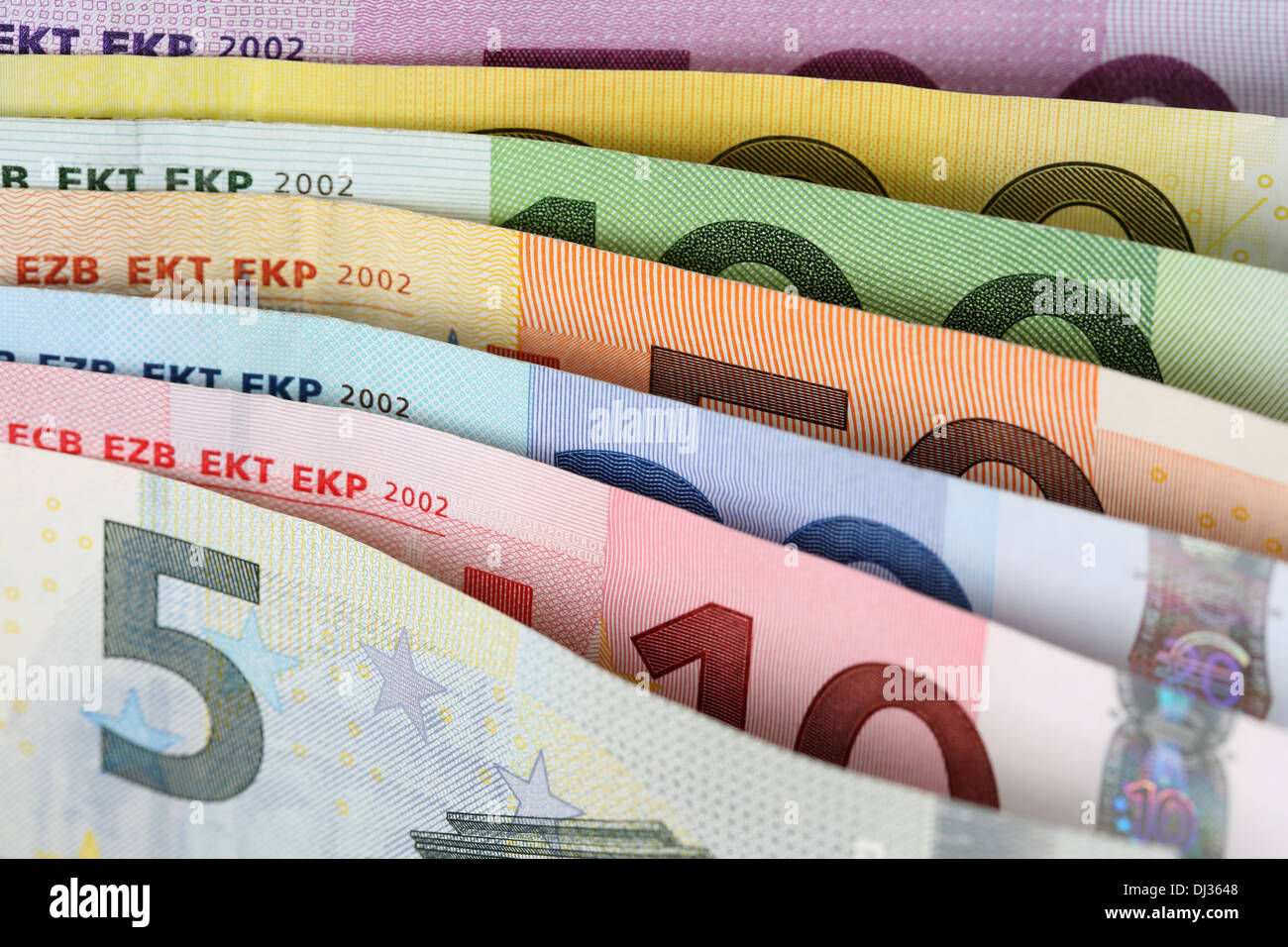 Tutte le banconote in euro dell'Unione europea valuta uno dopo l'altro Foto Stock