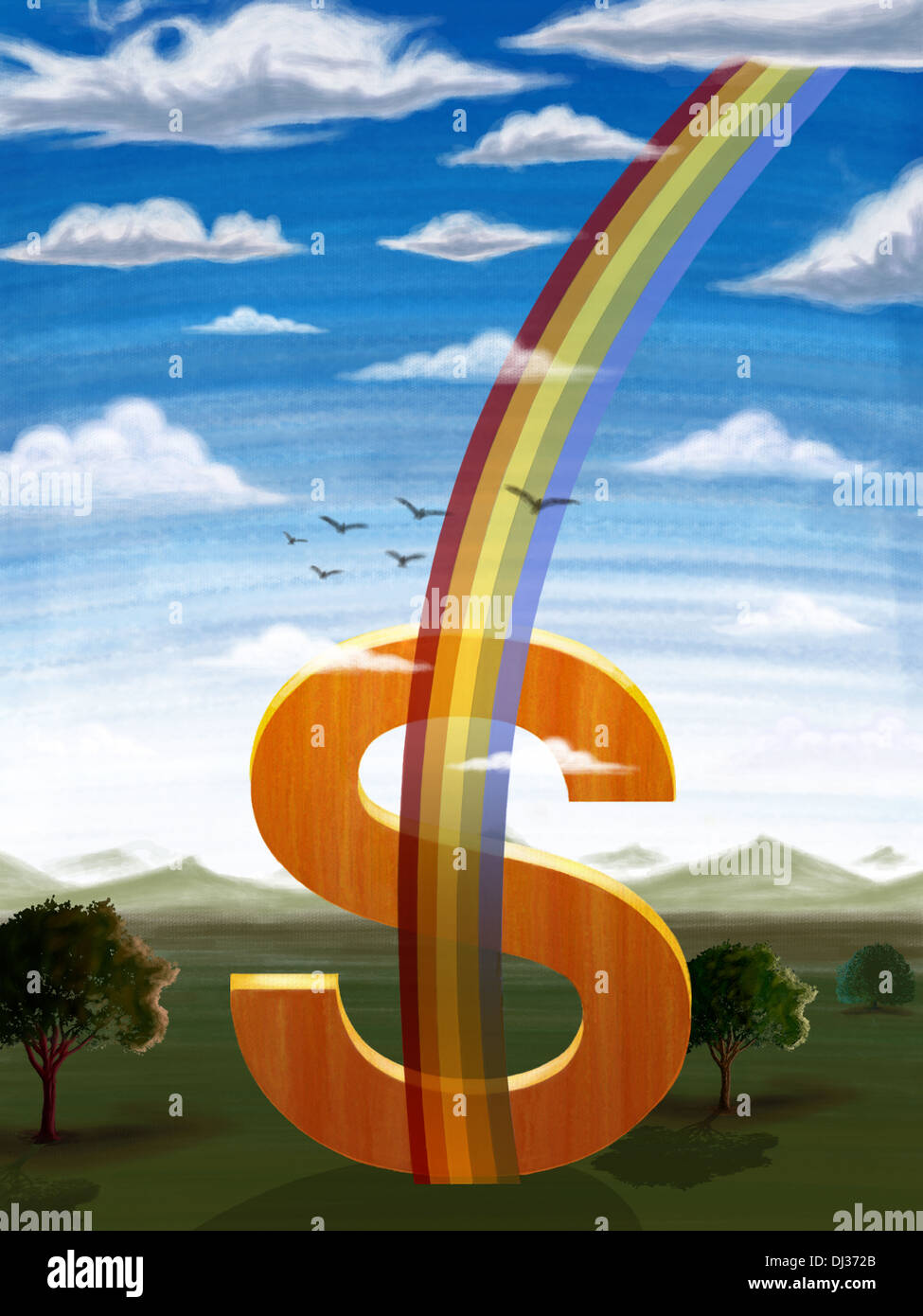 Immagine illustrativa di rainbow passando attraverso il simbolo del dollaro che rappresenta lo sviluppo del business Foto Stock