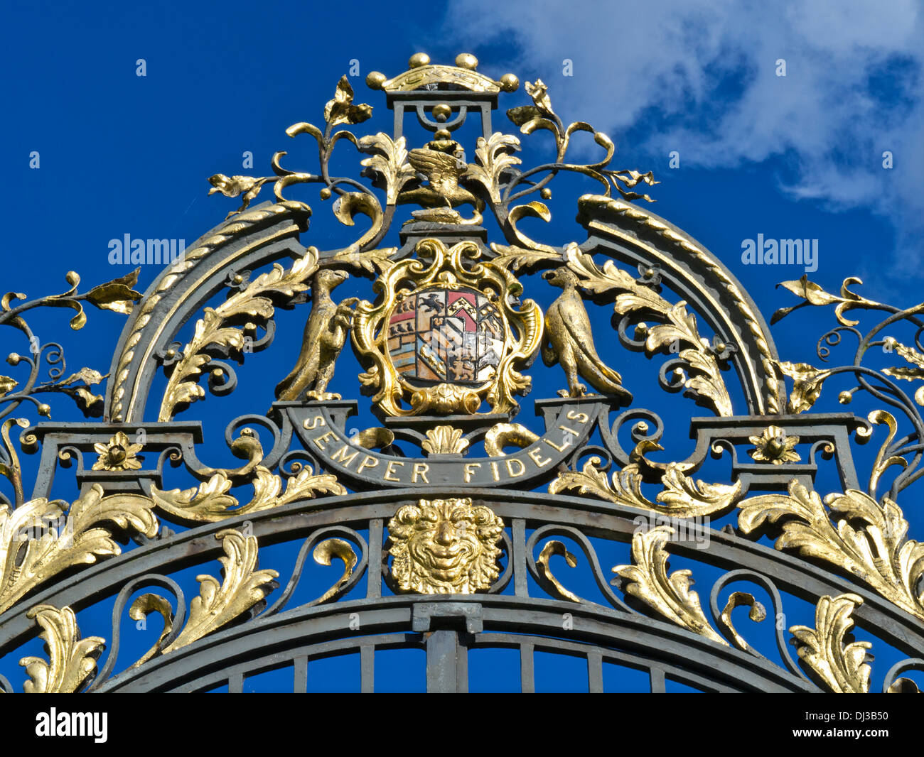 Ornati dorati cancelli di ingresso a Clandon Park con Onslow famiglia cresta e motto 'semper Fidelis" "sempre fedele", SURREY REGNO UNITO Foto Stock