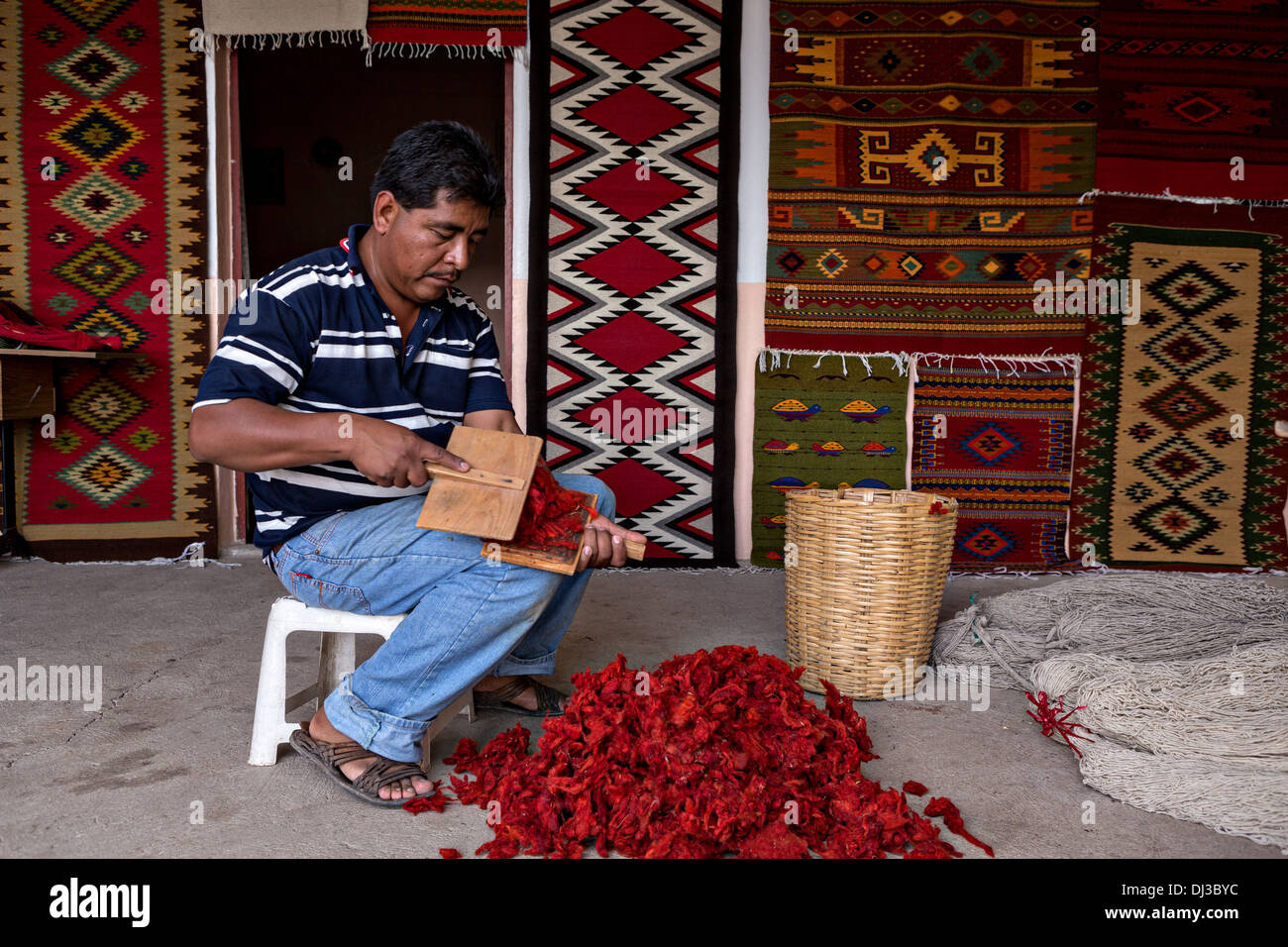 Un indigeno zapoteco man mano le carte di lana tinti in filo per essere utilizzati nella tessitura dei tappeti tradizionali Ottobre 30, 2013 in Teotitlan de Valle, Messico. Foto Stock
