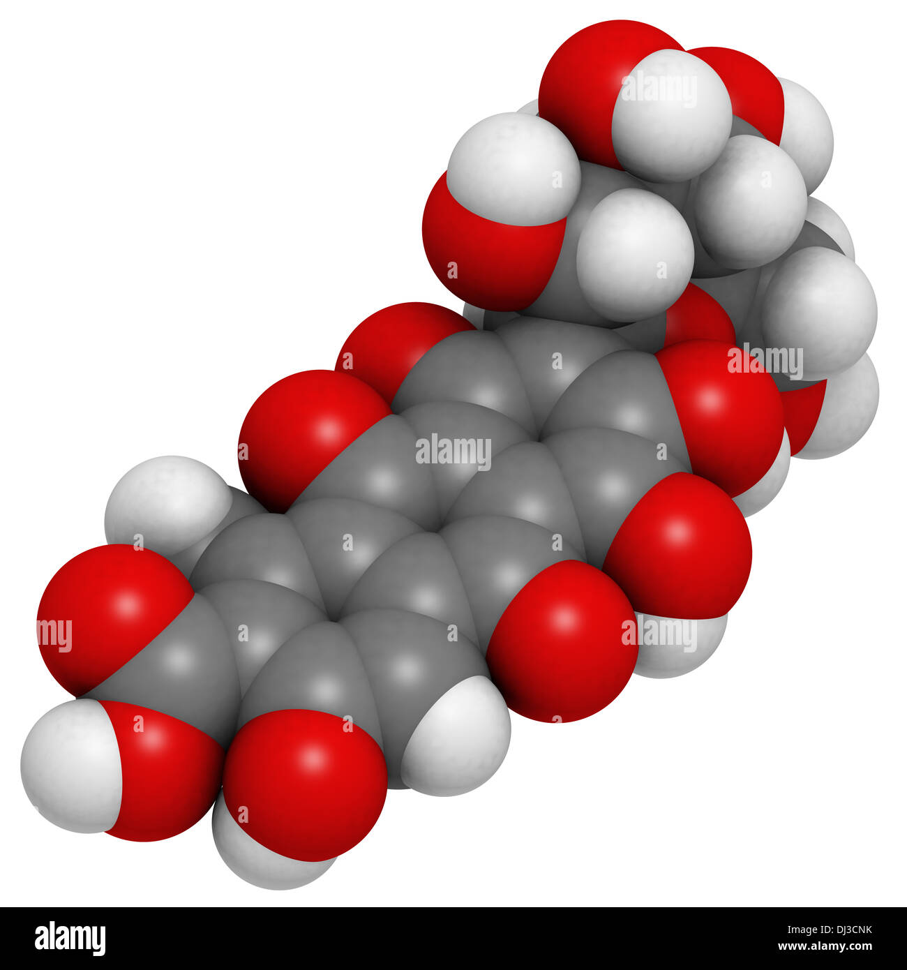 Carminic molecola di acido. Pigmento carminio trovati in la cocciniglia. Gli atomi sono rappresentati come sfere convenzionale con codifica a colori Foto Stock