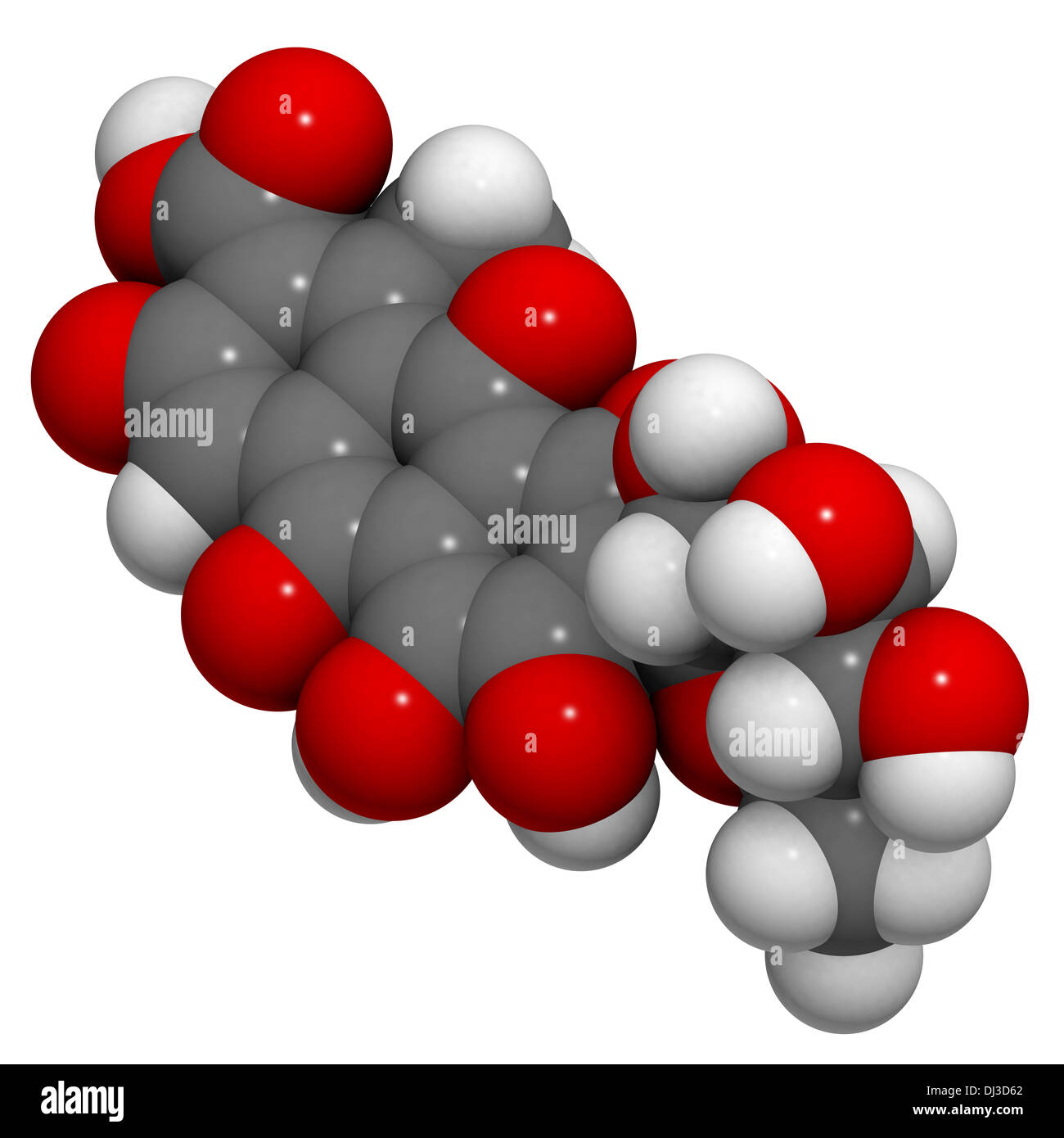 Carminic molecola di acido. Pigmento carminio trovati in la cocciniglia. Gli atomi sono rappresentati come sfere convenzionale con codifica a colori Foto Stock