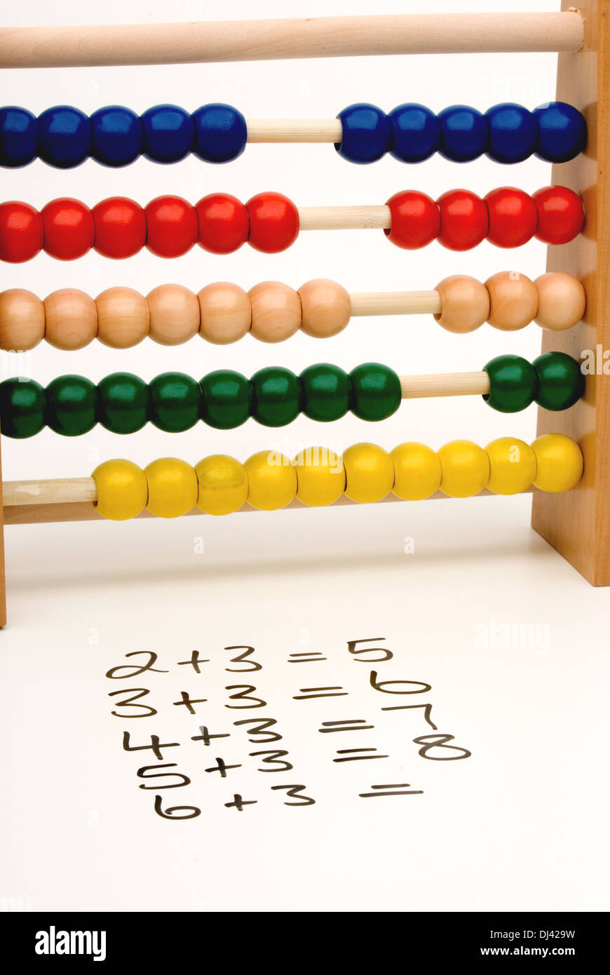 Aritmetica di apprendimento Abacus e somme, il concetto di scuola. Foto Stock