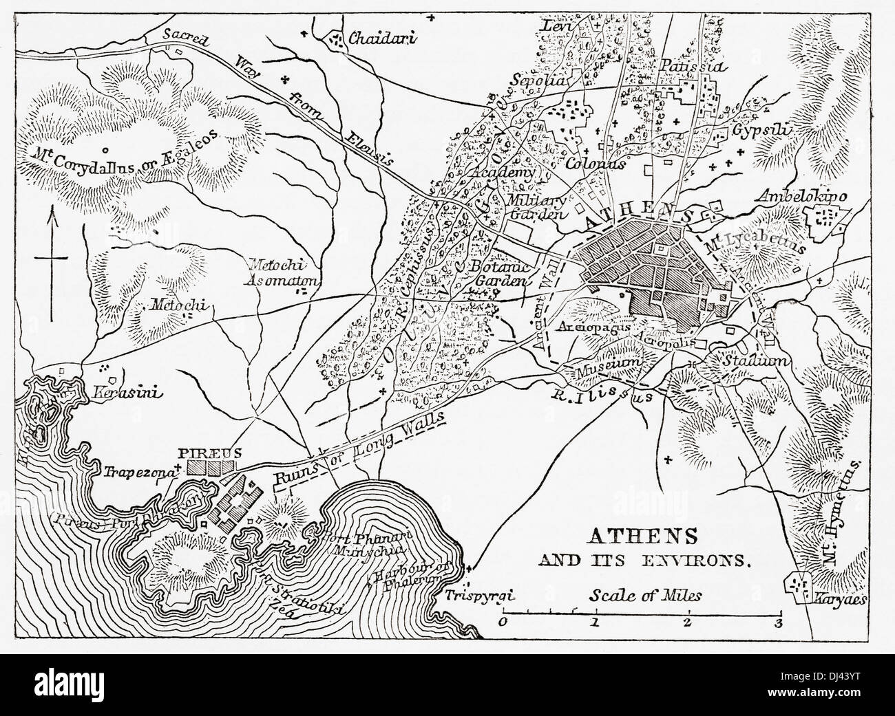 Mappa di Atene e il porto del Pireo, Grecia, a metà del XIX secolo. Foto Stock