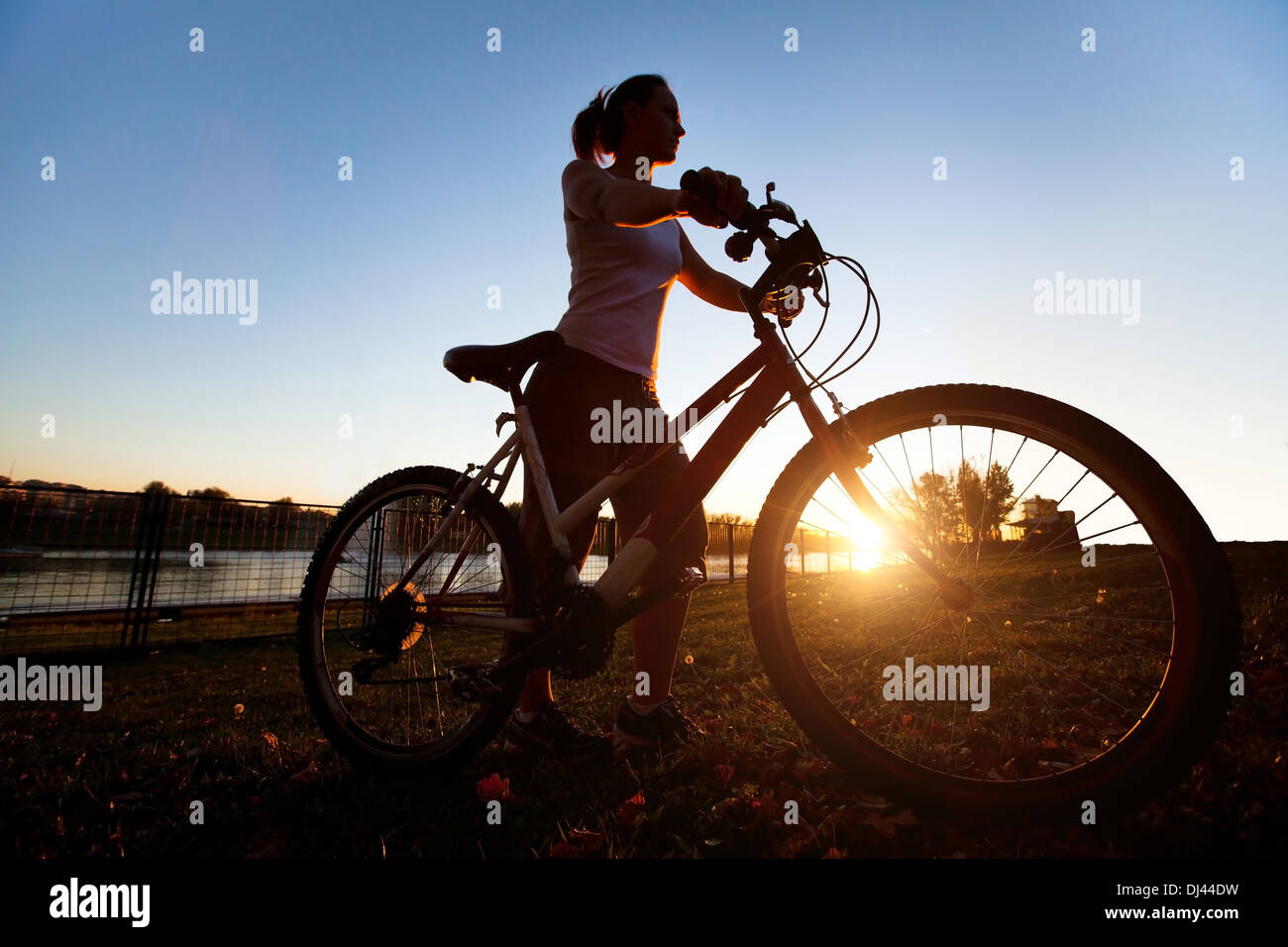 Silhouette di donna giovane con bicicletta outdoor Foto Stock