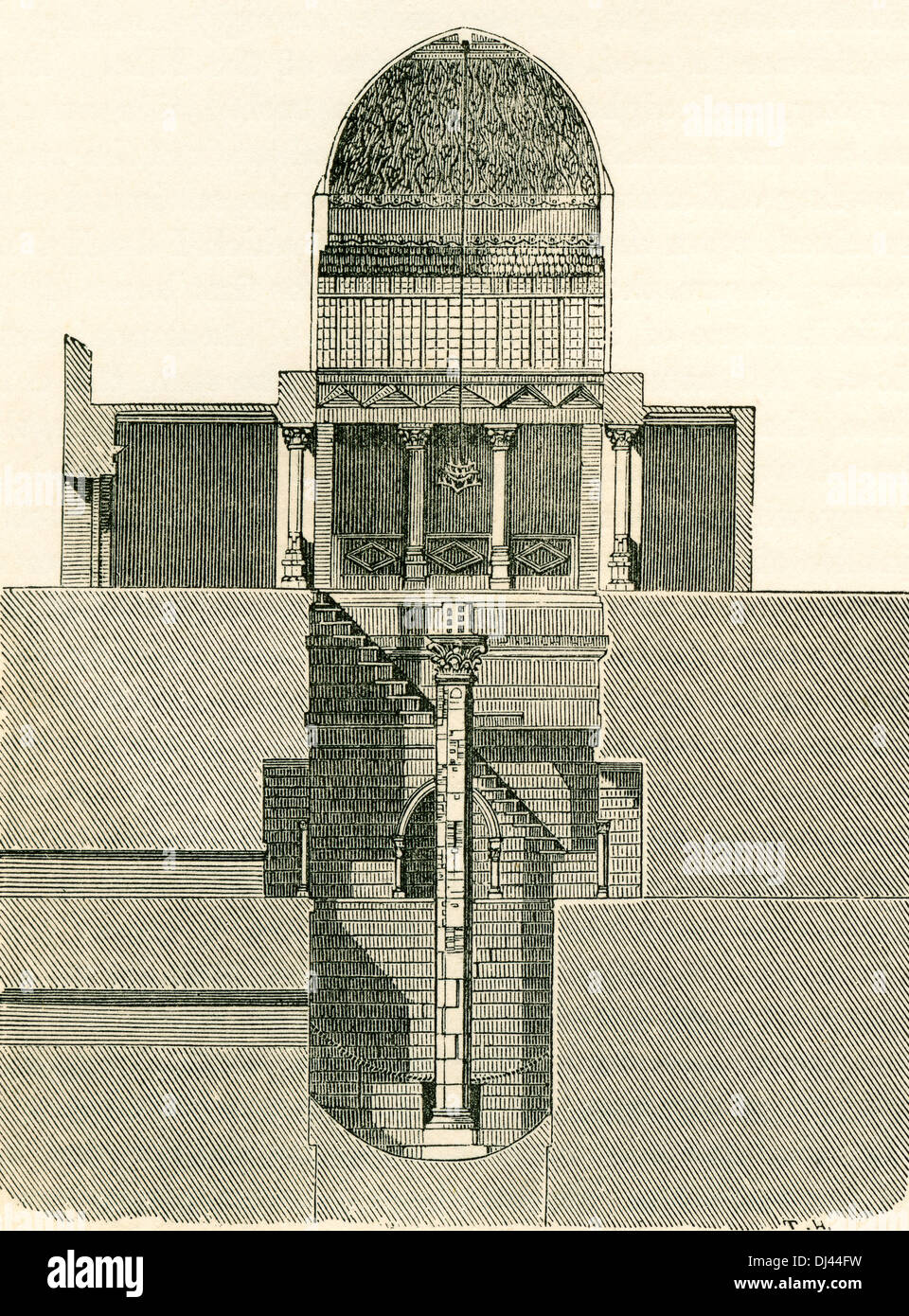 Il Nilometer, Isola di Rode si avvicinò cautamente per ascoltare, Egitto nel XIX secolo. Un Nilometer era una struttura per la misurazione del Fiume Nilo la chiarezza e il livello di acqua durante l'alluvione annuale stagione. Foto Stock