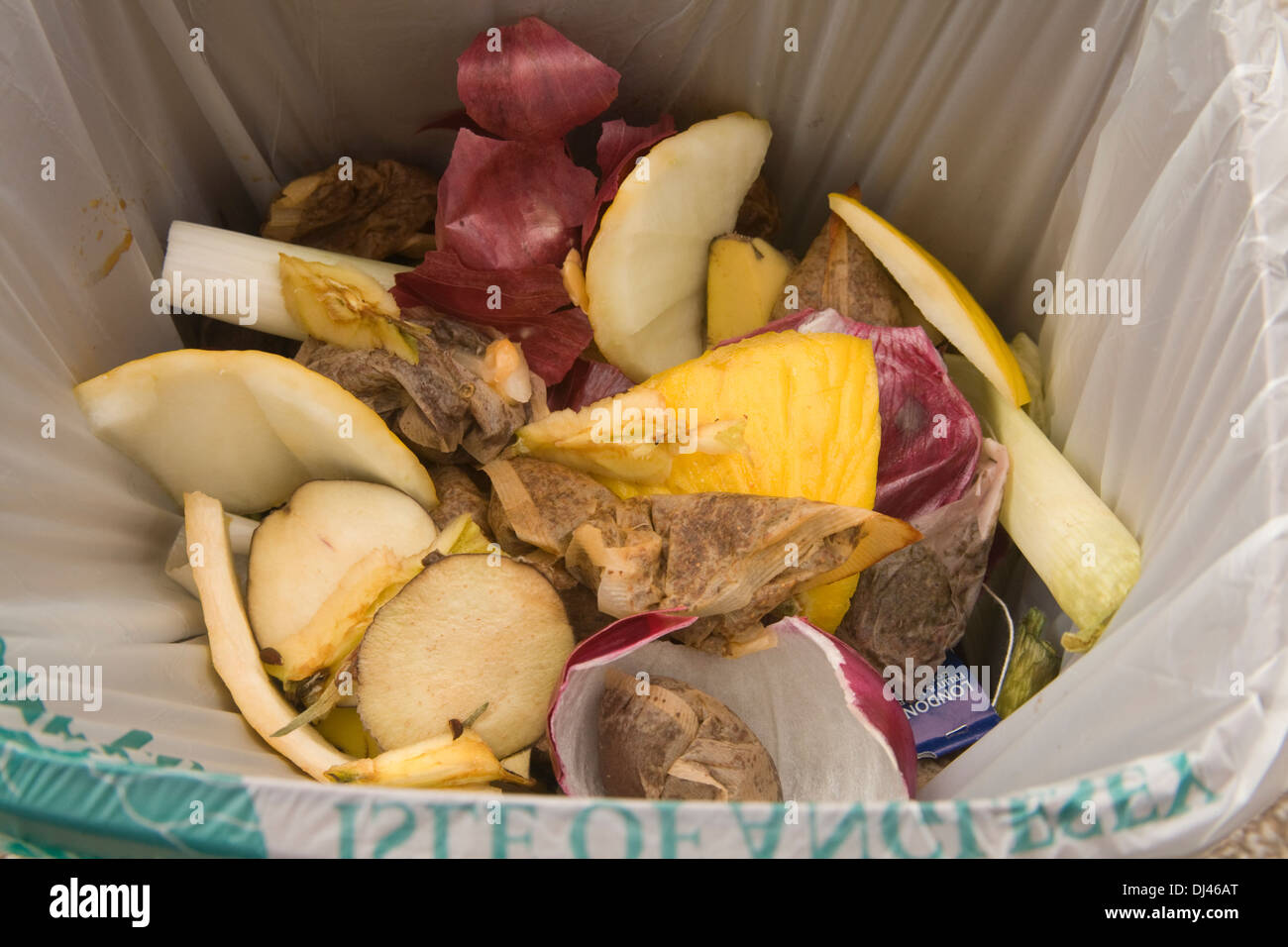 Chiudere i rifiuti alimentari in un sacchetto fornito dalle autorità locali per la raccolta settimanale per il riciclaggio e la trasformazione in compost e venduto al pubblico Foto Stock
