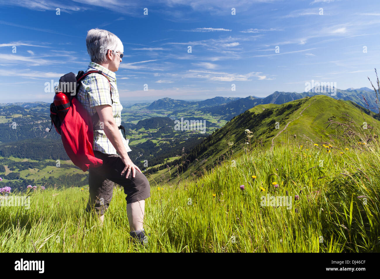 La donna si erge su un Söllereck Alpe Foto Stock