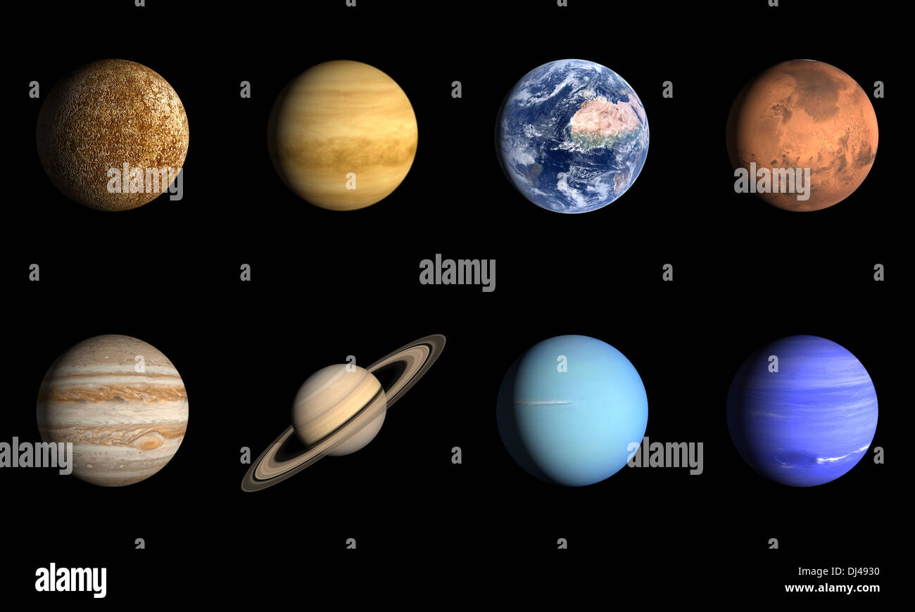 Un rendering di immagini di confronto dei pianeti del nostro sistema solare con l'inglese. Foto Stock