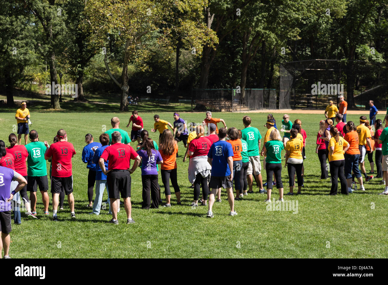 I dipendenti nei colori del team T-Shirts, gita aziendale 'Team Building" giorno, al Central Park di New York, Stati Uniti d'America Foto Stock