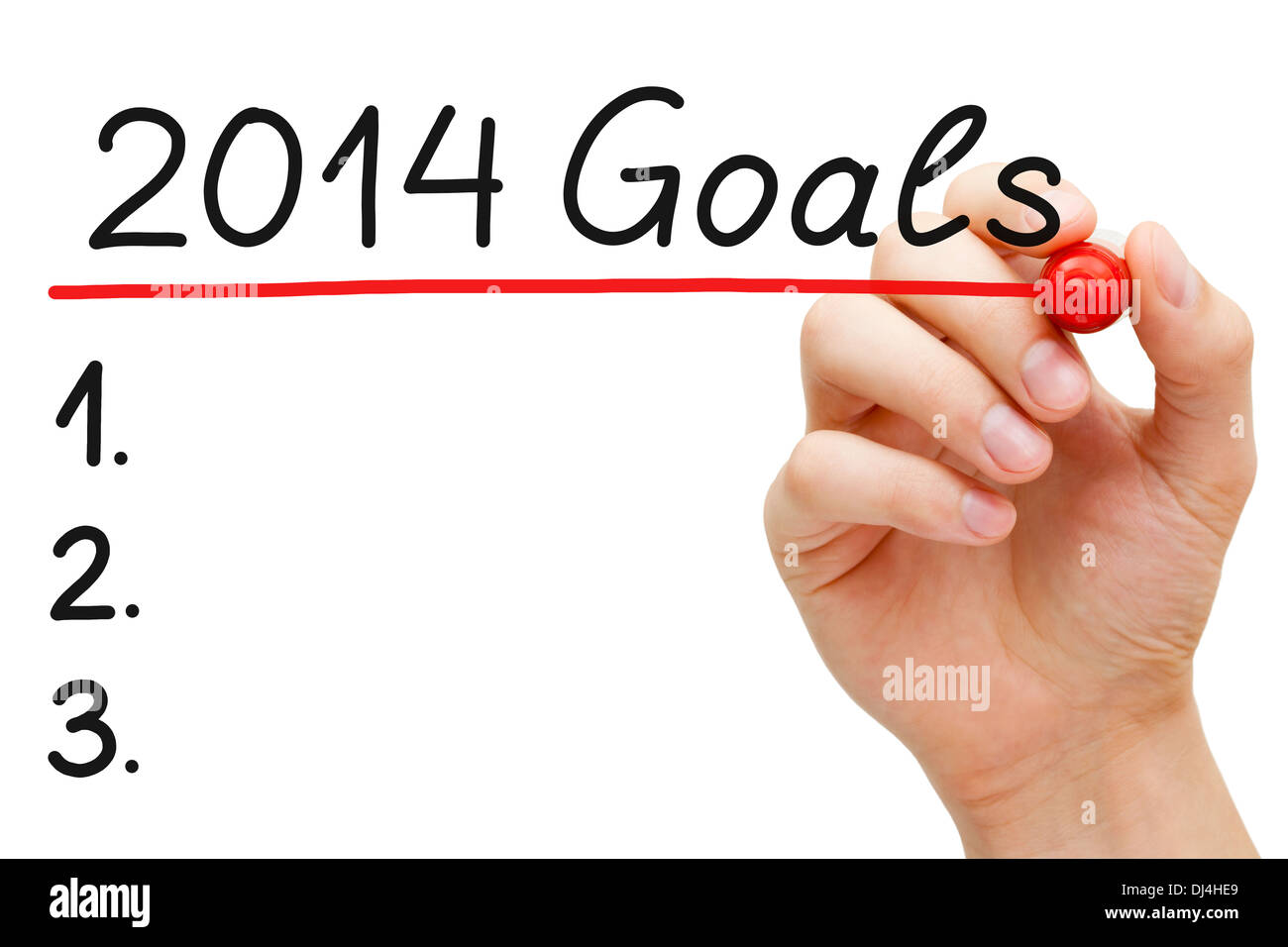 Mano sottolineando 2014 Obiettivi con contrassegno rosso isolato su bianco. Foto Stock