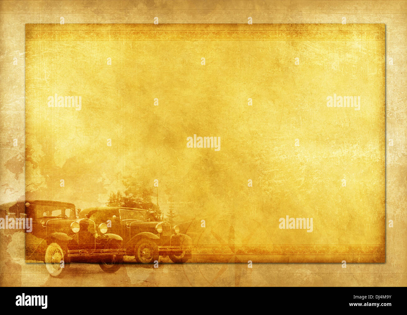 Storia di trasporto Vintage illustrazione dello sfondo con due vetture classiche. Foto Stock