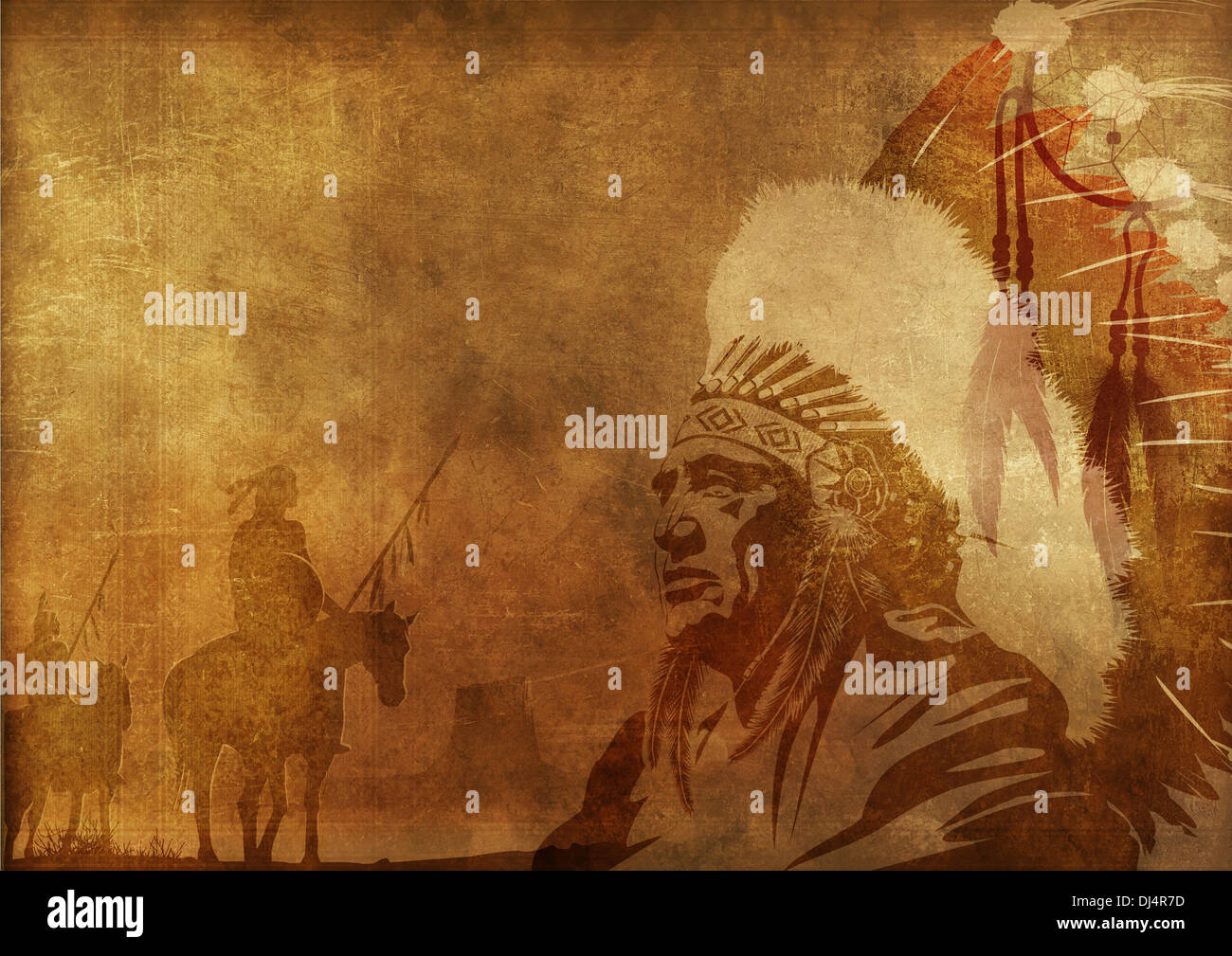 La cultura degli americani nativi dello sfondo. Capo nativo americano, Worriors sui cavalli e Dreamcatcher. Foto Stock