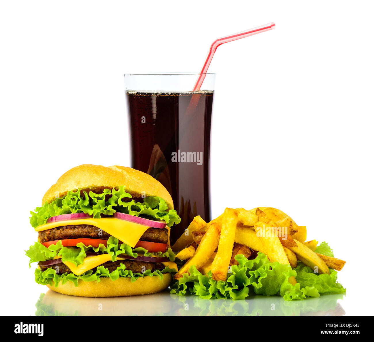 Il fast food menu con hamburger, patatine fritte e bevande di cola Foto Stock