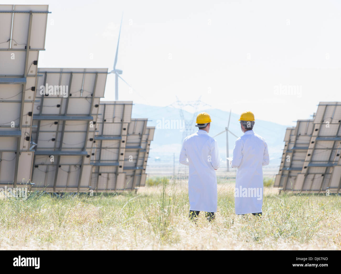 Gli scienziati in piedi da pannelli solari nel paesaggio rurale Foto Stock