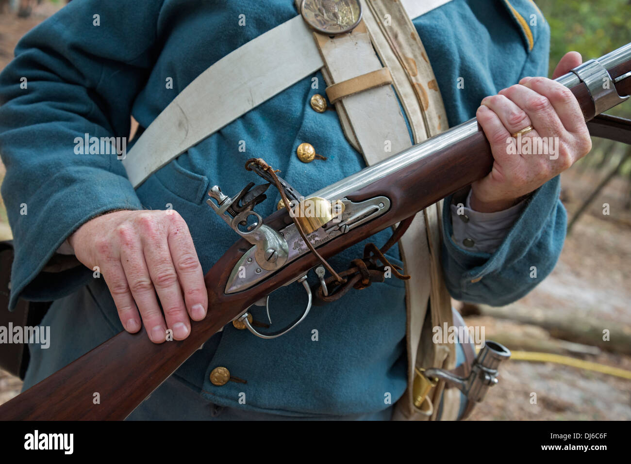 I soldati USA ricreando la seconda guerra Seminole durante il nativo americano al Festival stato Oleno Park in North Florida. Foto Stock