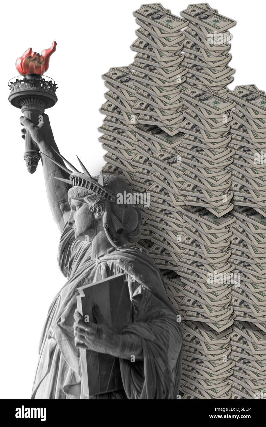 Lady Liberty e verdi americani contanti impilati alta. Foto Stock