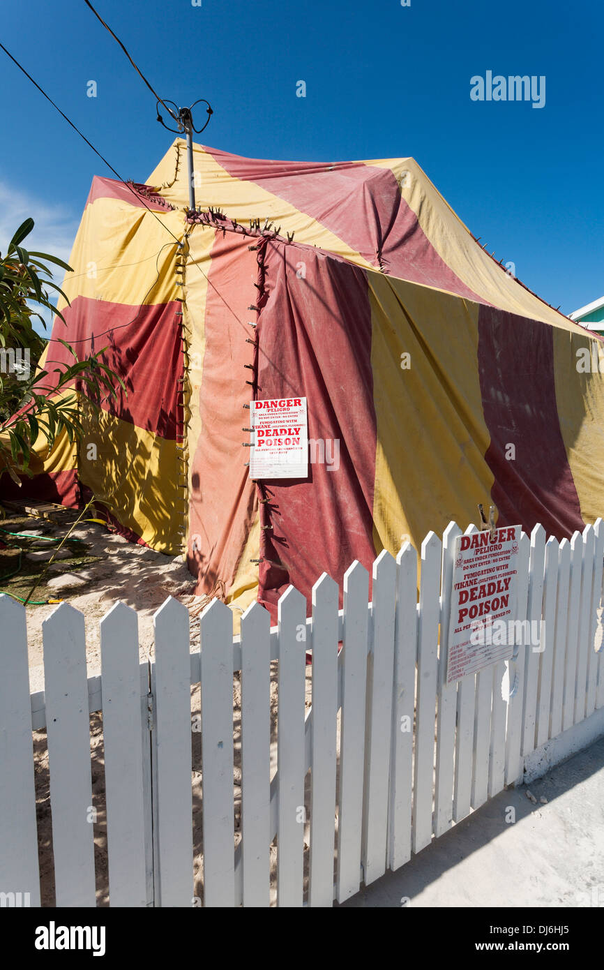 La fumigazione di una casa. Una colorata tenda copre una casa come è  gassato per uccidere le termiti e altri parassiti Foto stock - Alamy