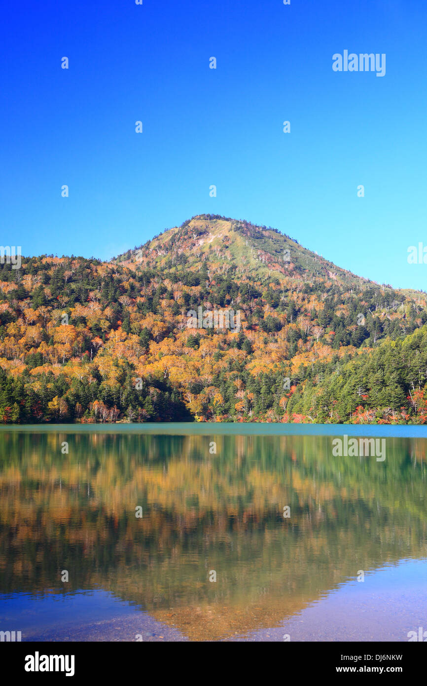 Montagna e stagno in autunno, altopiano di Shiga, Nagano, Giappone Foto Stock
