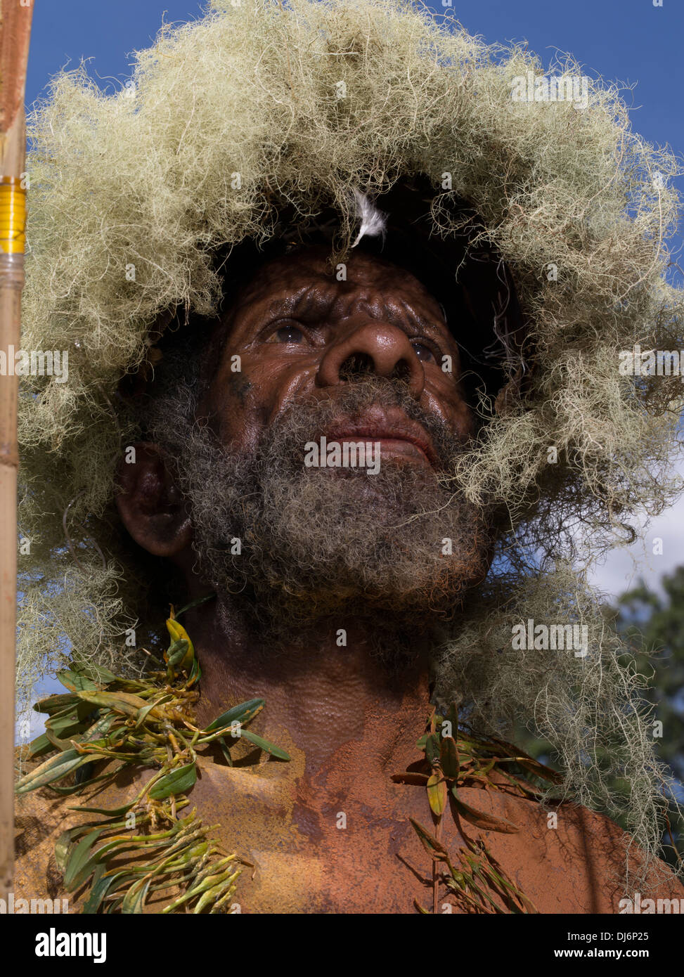 Uomo anziano di Goroku hai maschera gruppo Singsing, Daulo distretto, altipiani orientali di quartiere - Goroka Show, Papua Nuova Guinea Foto Stock