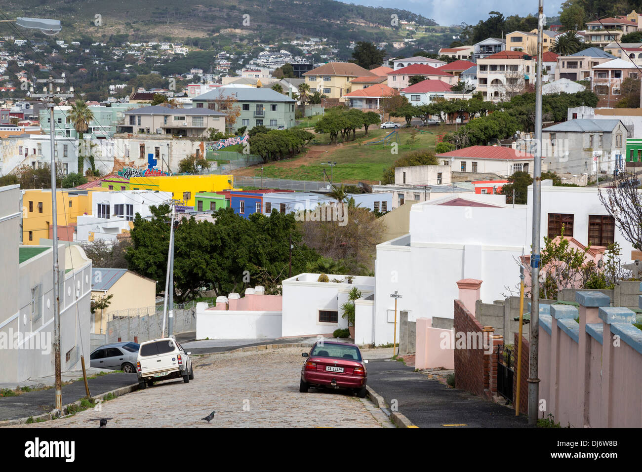Sud Africa, Cape Town. Livelli superiori di Bo-kaap, Cape Town il Quartiere Musulmano. Foto Stock