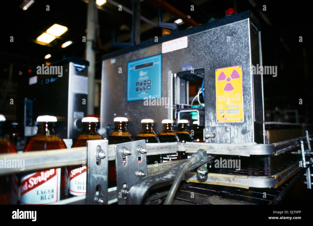 Kingston in Giamaica la striscia rossa di bottiglie di birra che passa attraverso la macchina su un nastro trasportatore che viene misurata Foto Stock