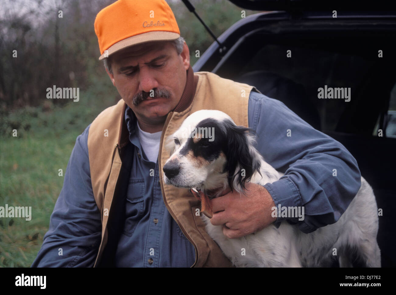 Upland Bird Hunter seduta con Setter inglese sul portellone di un SUV in Indiana Foto Stock