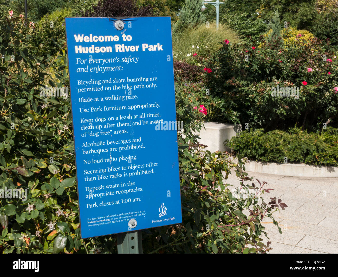 Segno di benvenuto, Hudson River Park, New York, Stati Uniti d'America Foto Stock