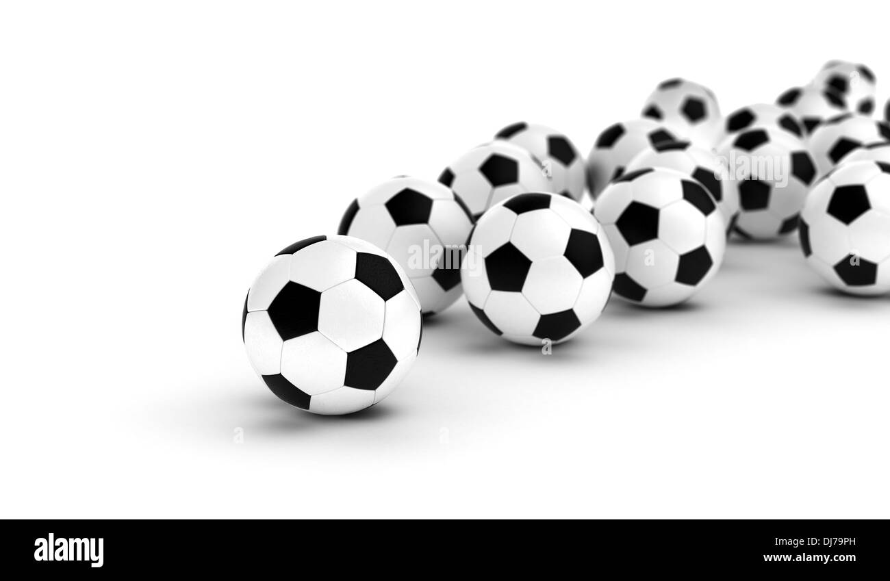 Palloni da calcio su sfondo bianco (Computer immagine generata) Foto Stock