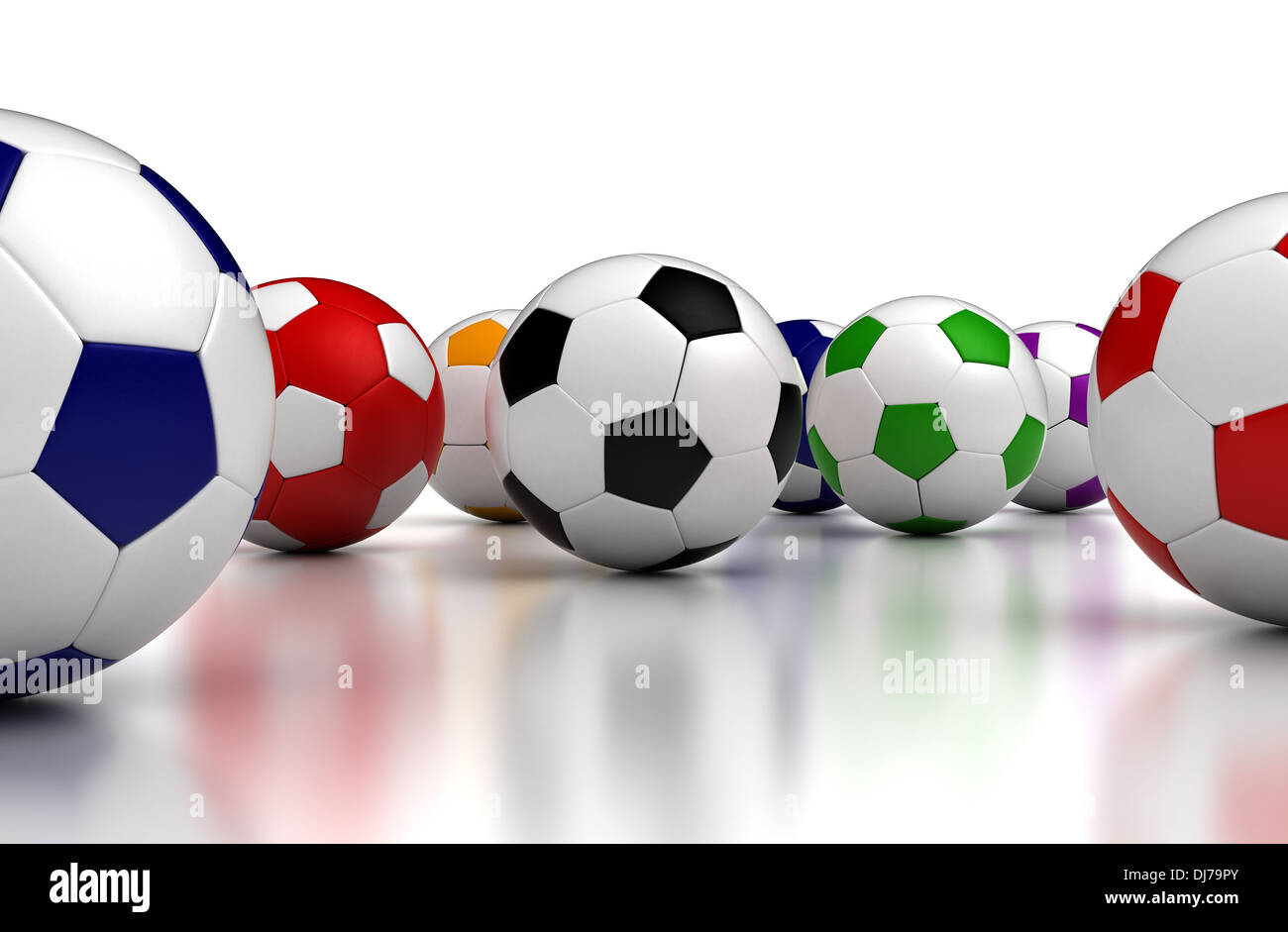 Colorato palloni da calcio su sfondo bianco (Computer immagine generata) Foto Stock Colorato palloni da calcio su sfondo bianco (Computer immagine generata) Foto Stock
