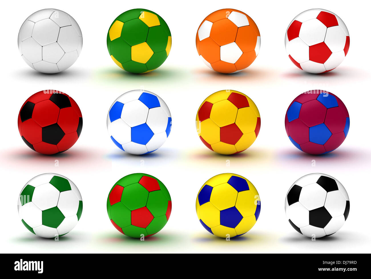 Colorfull palloni da calcio su sfondo bianco (Computer immagine generata) Foto Stock Colorfull palloni da calcio su sfondo bianco (Computer immagine generata) Foto Stock