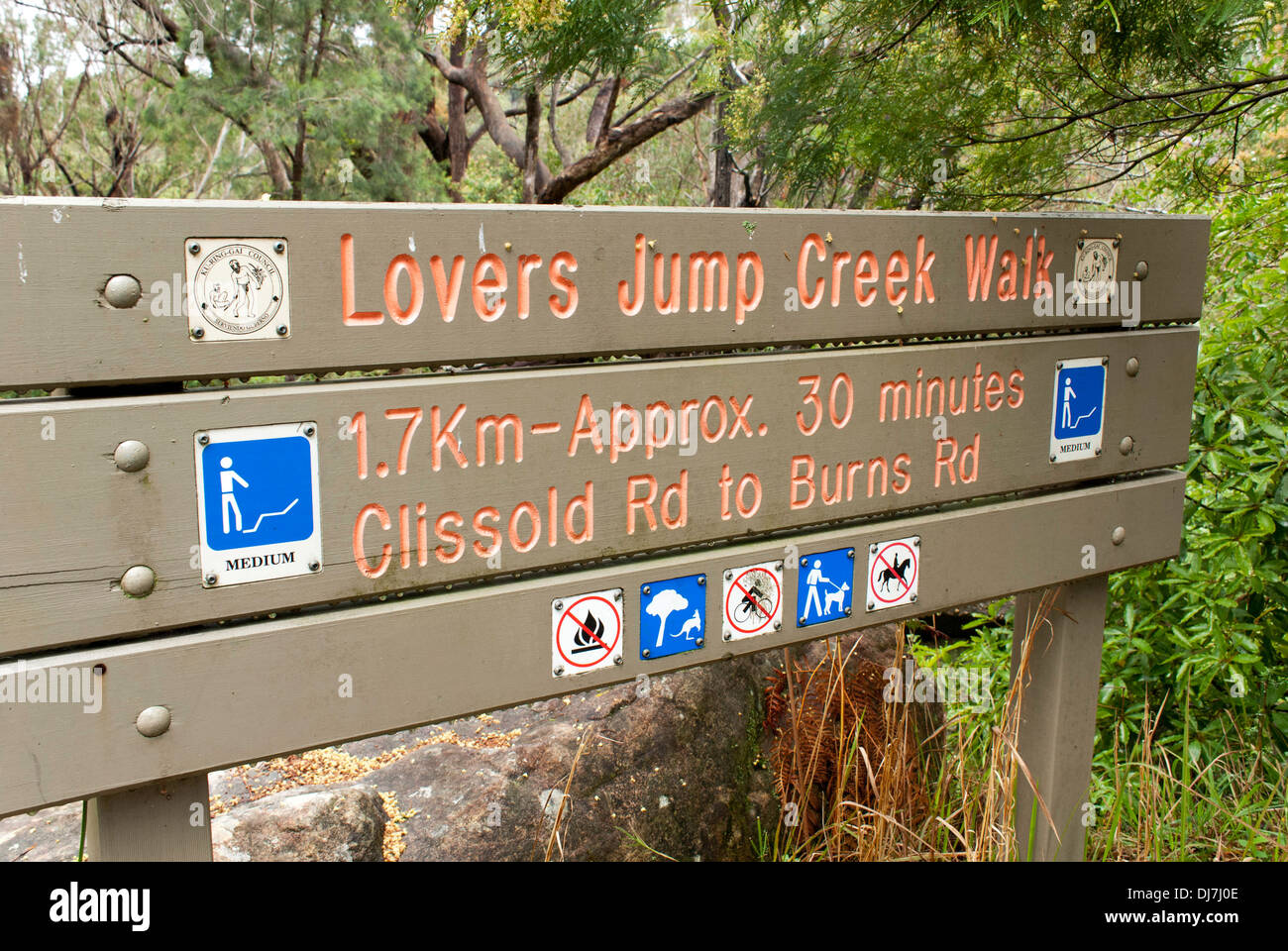 Bush a piedi signage agli amanti Jump Creek Walk, Sydney, Australia Foto Stock