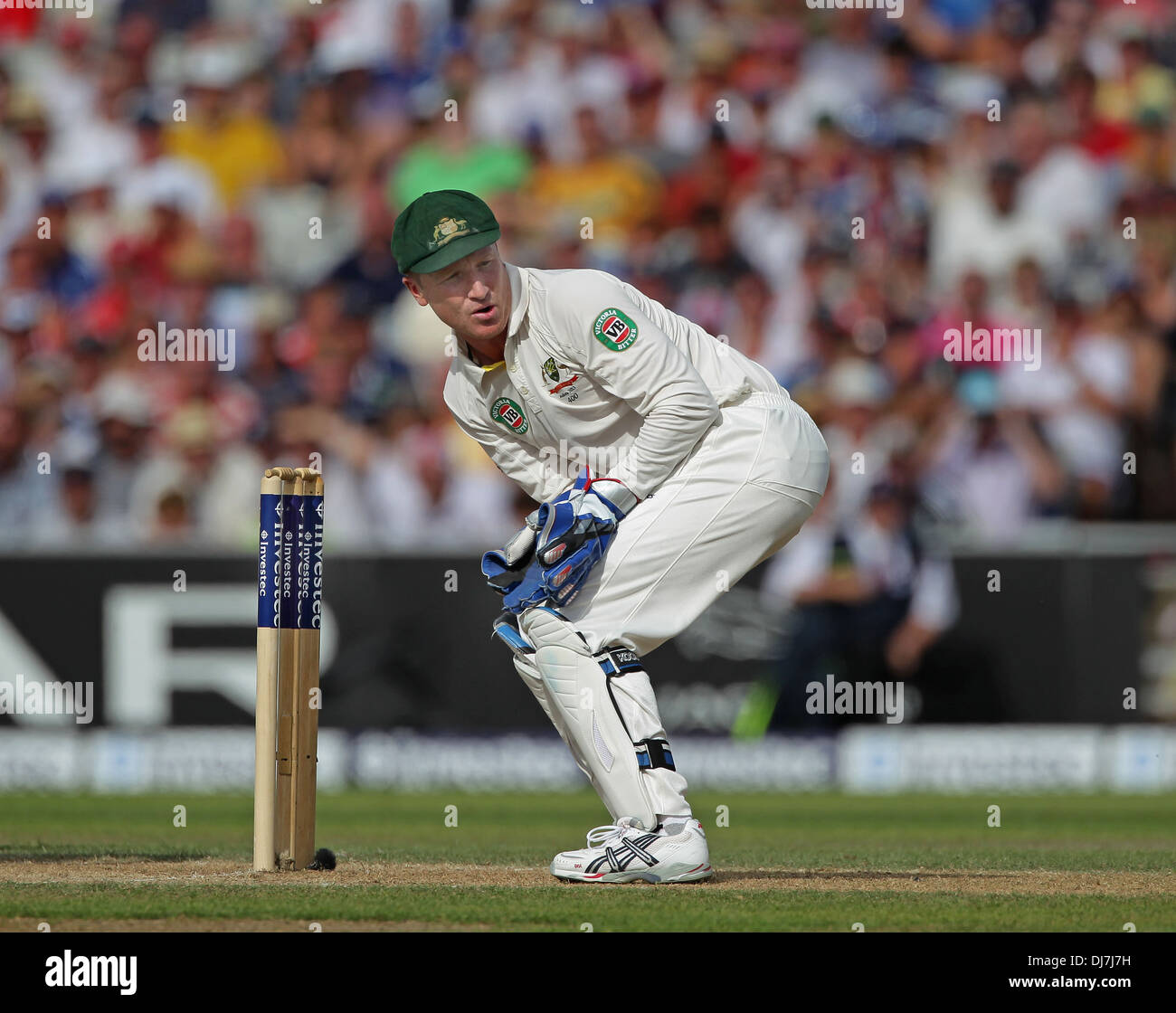 Australia wicket keeper Brad Haddin acquatta dietro i monconi come egli vigila la palla andare dietro di lui Foto Stock