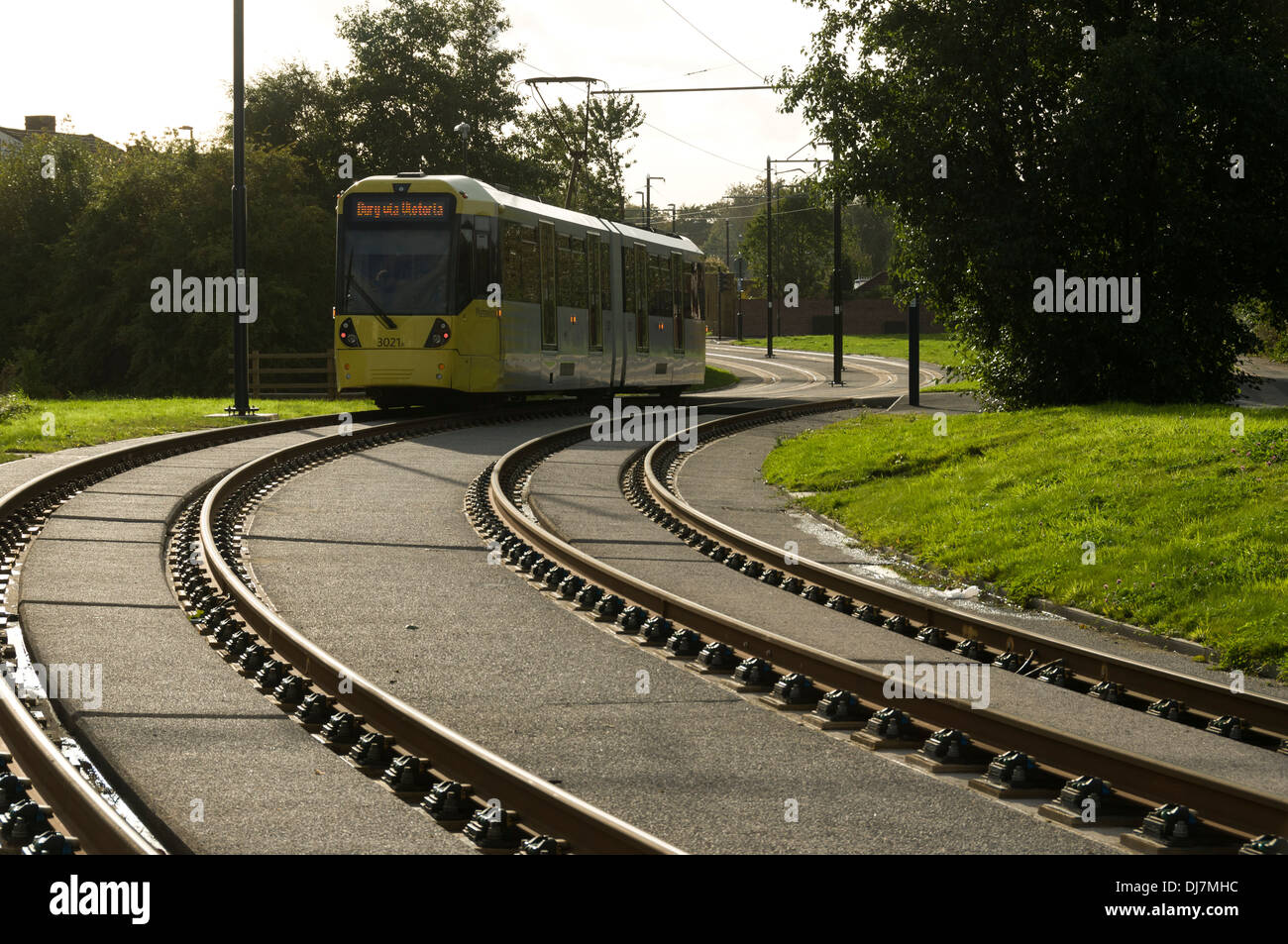 Tram Metrolink sulla East Manchester Linea, Audenshaw, Ashton Under Lyne, Tameside, Manchester, Inghilterra, Regno Unito Foto Stock