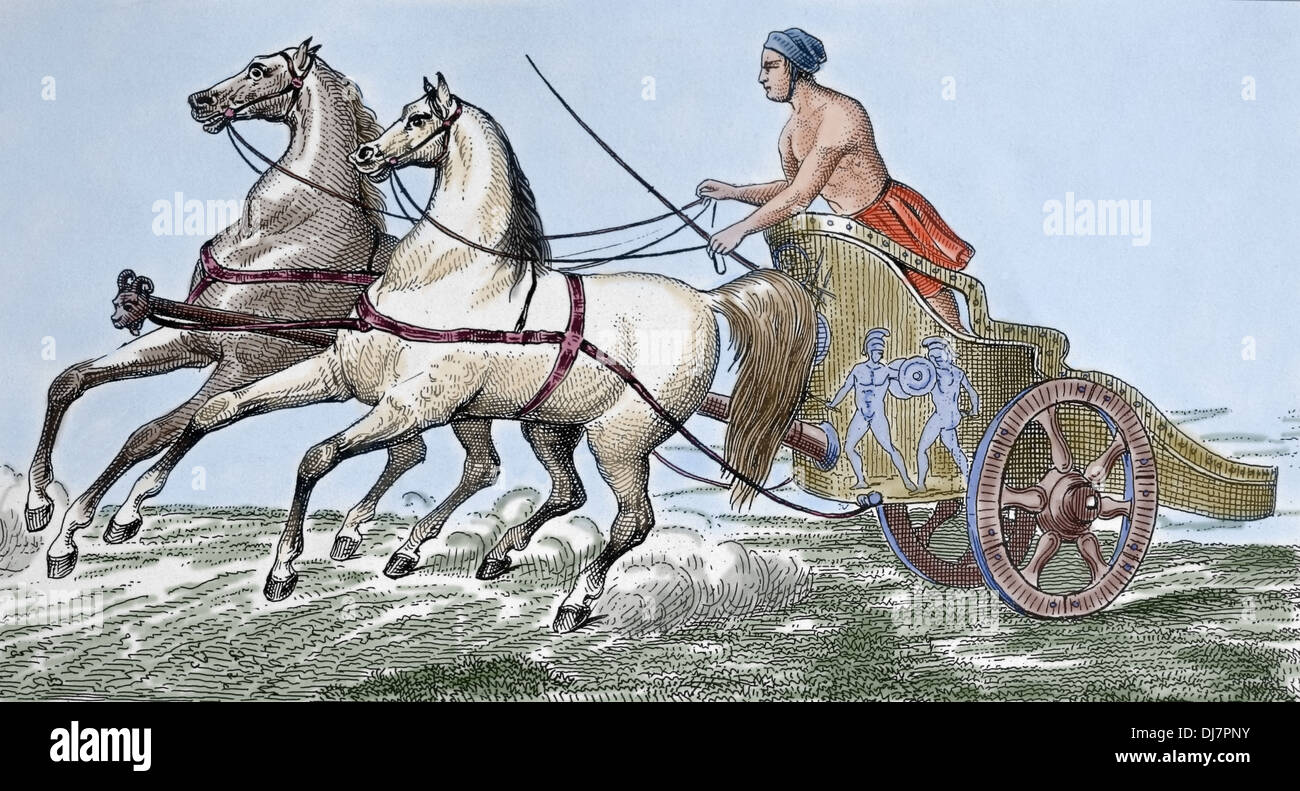 Grecia antica. Giochi olimpici. Corsa delle bighe. Incisione. (Dopo colorazione). Foto Stock