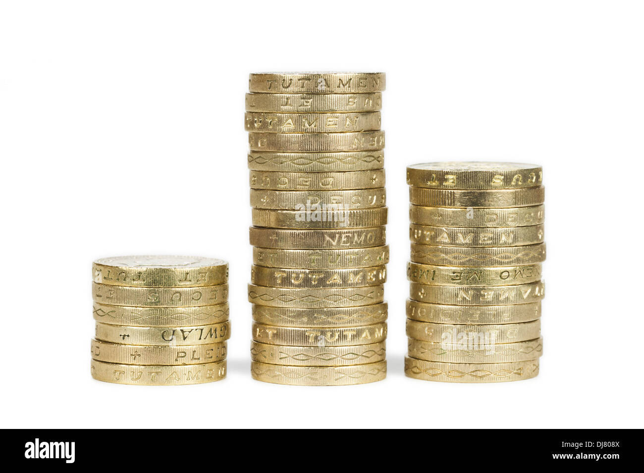 Pile di uk sterling pound monete Foto Stock