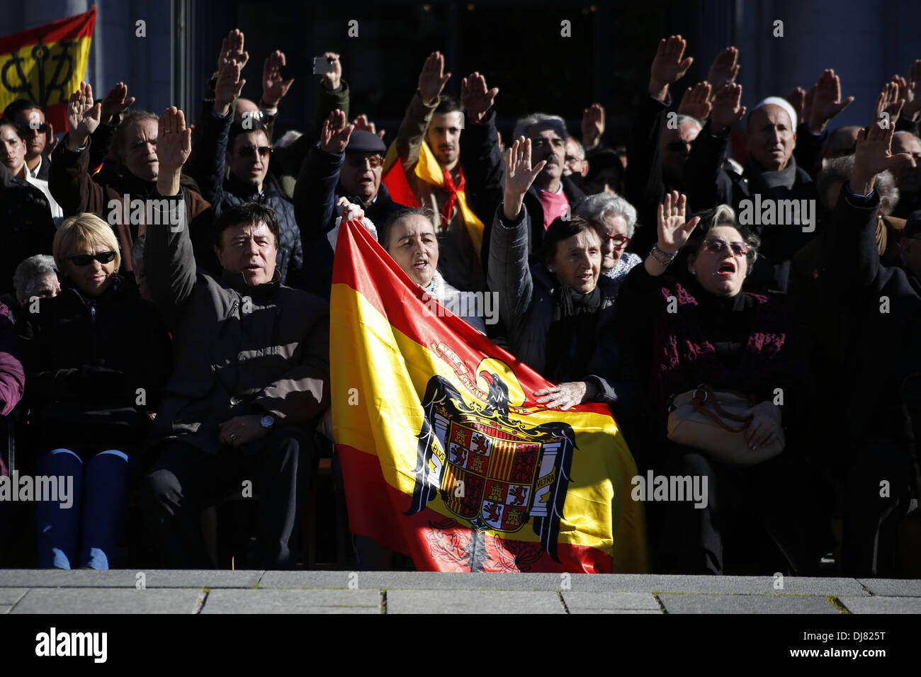 Madrid, Spagna. 24 Novembre, 2013. I manifestanti condividi preconstitutionary bandiere e fare il saluto fascista durante una manifestazione di protesta che commemora il gen. Francisco Franco la morte. Centinaia di persone i sostenitori della passata dittatura spagnolo ha tenuto un rally la domenica per celebrare l'anniversario del dittatore Francisco Franco la morte. La manifestazione ha avuto luogo a Madrid la centrale Plaza de Oriente.Foto: Rodrigo Garcia/NurPhoto Credito: Rodrigo Garcia/NurPhoto/ZUMAPRESS.com/Alamy Live News Foto Stock