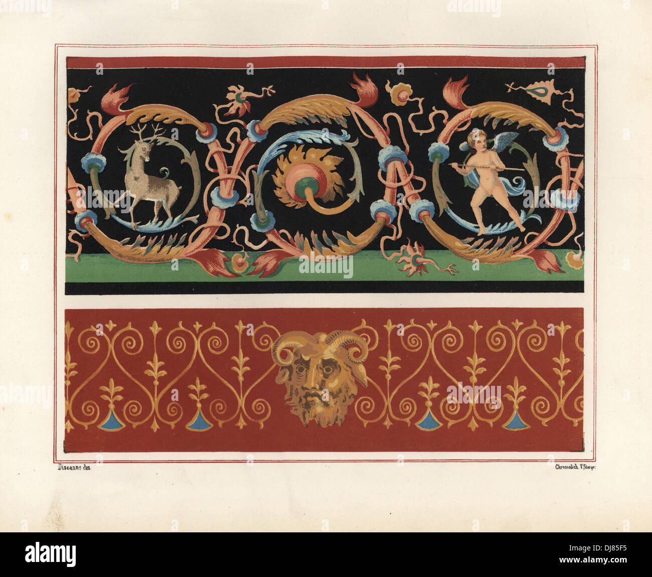 La pittura murale di un arabesco con feste di addio al celibato e cupido (in alto) e un pannello con una maschera di Pan (di seguito), sia da Domus Vedi Sirici. Foto Stock